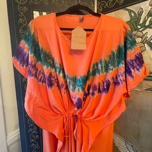 Orange Cotton Tie-Dye Kaftan Dress Sz M